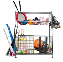 Load image into Gallery viewer, Sports Equipment Organizer with Bat Rack, Basket, and Hooks