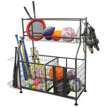 Load image into Gallery viewer, Sports Equipment Organizer with Bat Rack, Basket, and Hooks