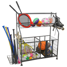 Load image into Gallery viewer, Sports Equipment Organizer with Bat Rack, Basket, and Hooks