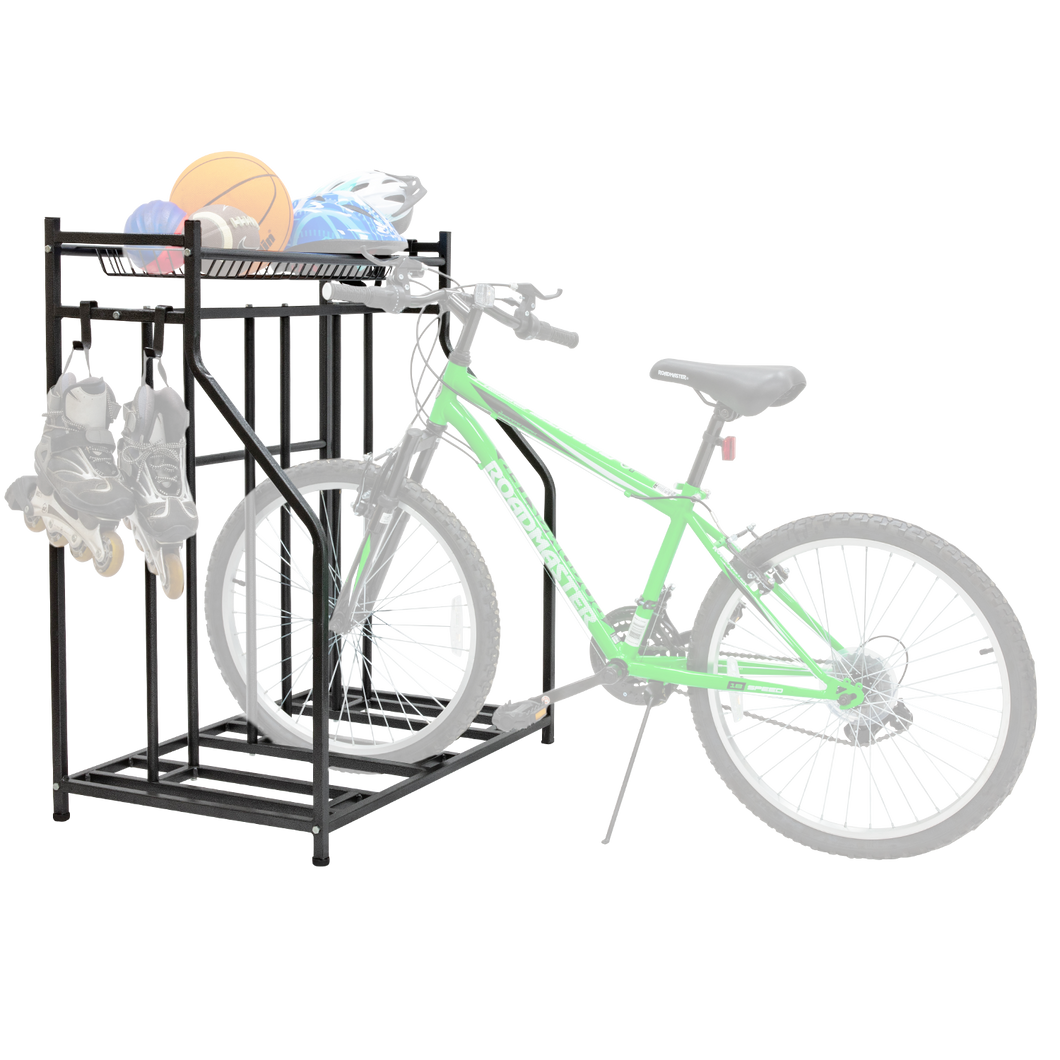 3-Bike Stand Rack with Storage Basket and Hooks