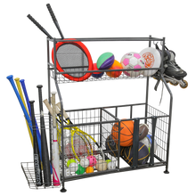 Load image into Gallery viewer, Sports Equipment Organizer with Bat Rack, Basket, and Hooks
